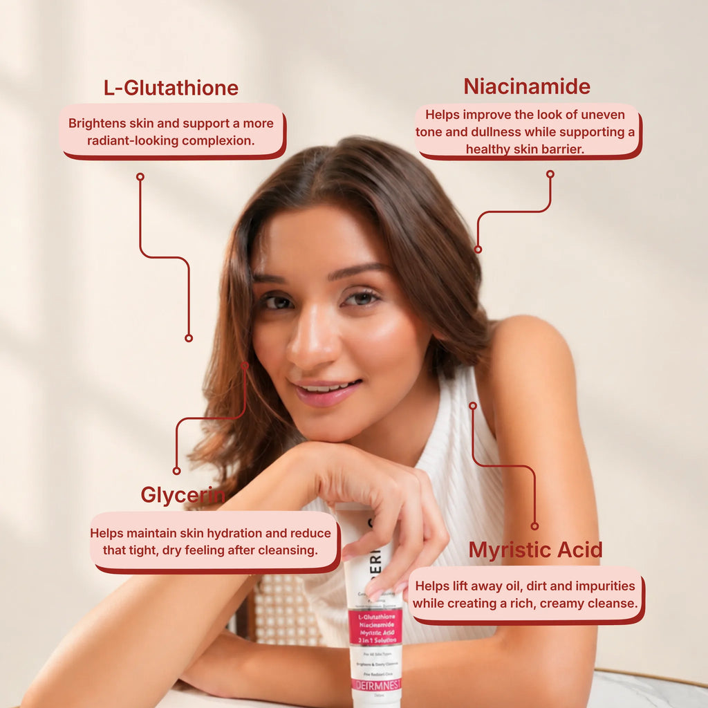 Model holding DERMAC Creamy Foaming Cleanser with callouts for L-glutathione, niacinamide, glycerin and myristic acid