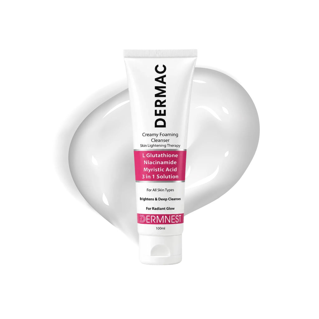 DermNest Dermac creamy foaming cleanser tube with cream swatch