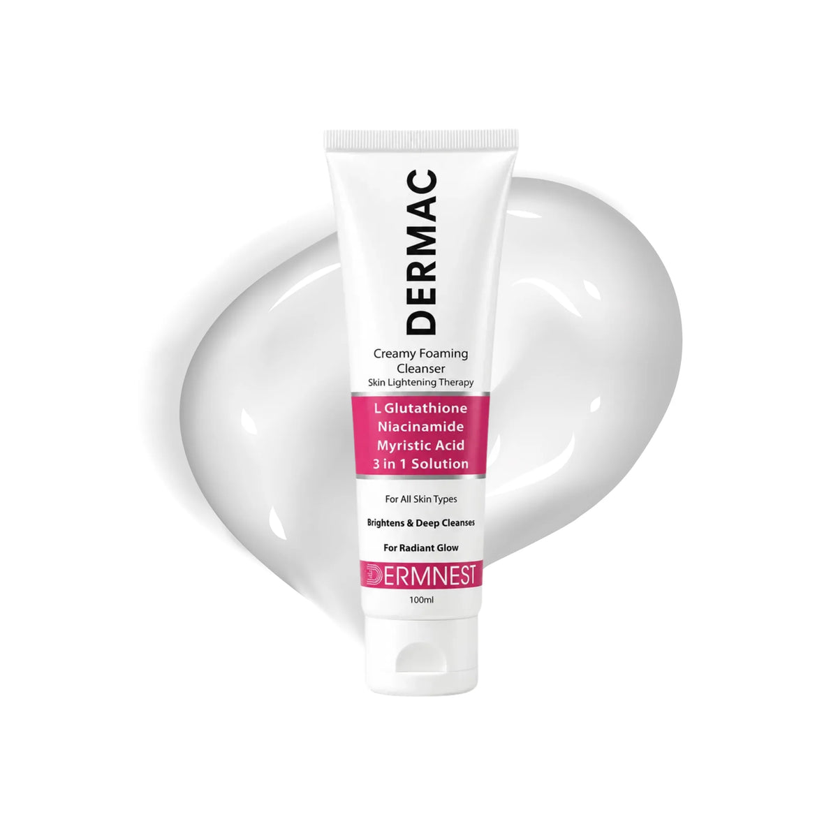 DermNest Dermac creamy foaming cleanser tube with cream swatch