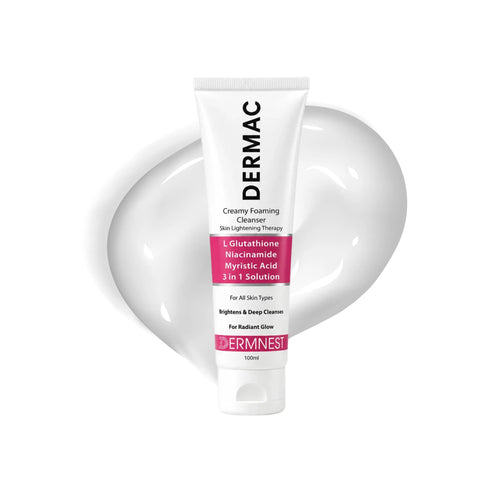 DermNest Dermac creamy foaming cleanser tube with cream swatch