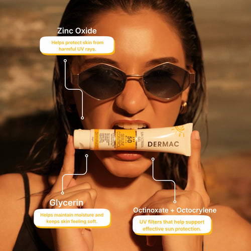 Woman in sunglasses holding Dermac SPF 50 gel with Zinc Oxide, Glycerin, Octinoxate, and Octocrylene callouts