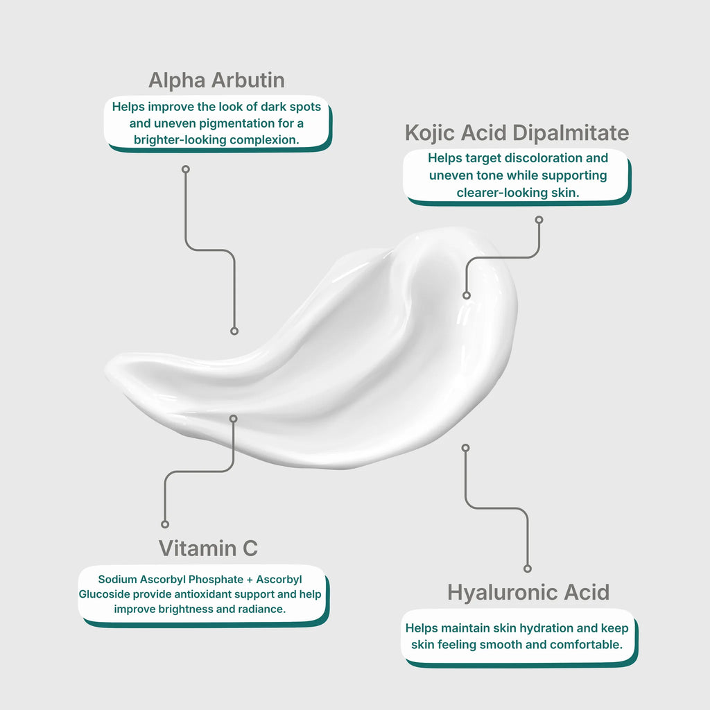 MARKED 10 cream swatch on grey with callouts for alpha arbutin, kojic acid dipalmitate, vitamin C and hyaluronic acid
