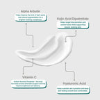 MARKED 10 cream swatch on grey with callouts for alpha arbutin, kojic acid dipalmitate, vitamin C and hyaluronic acid