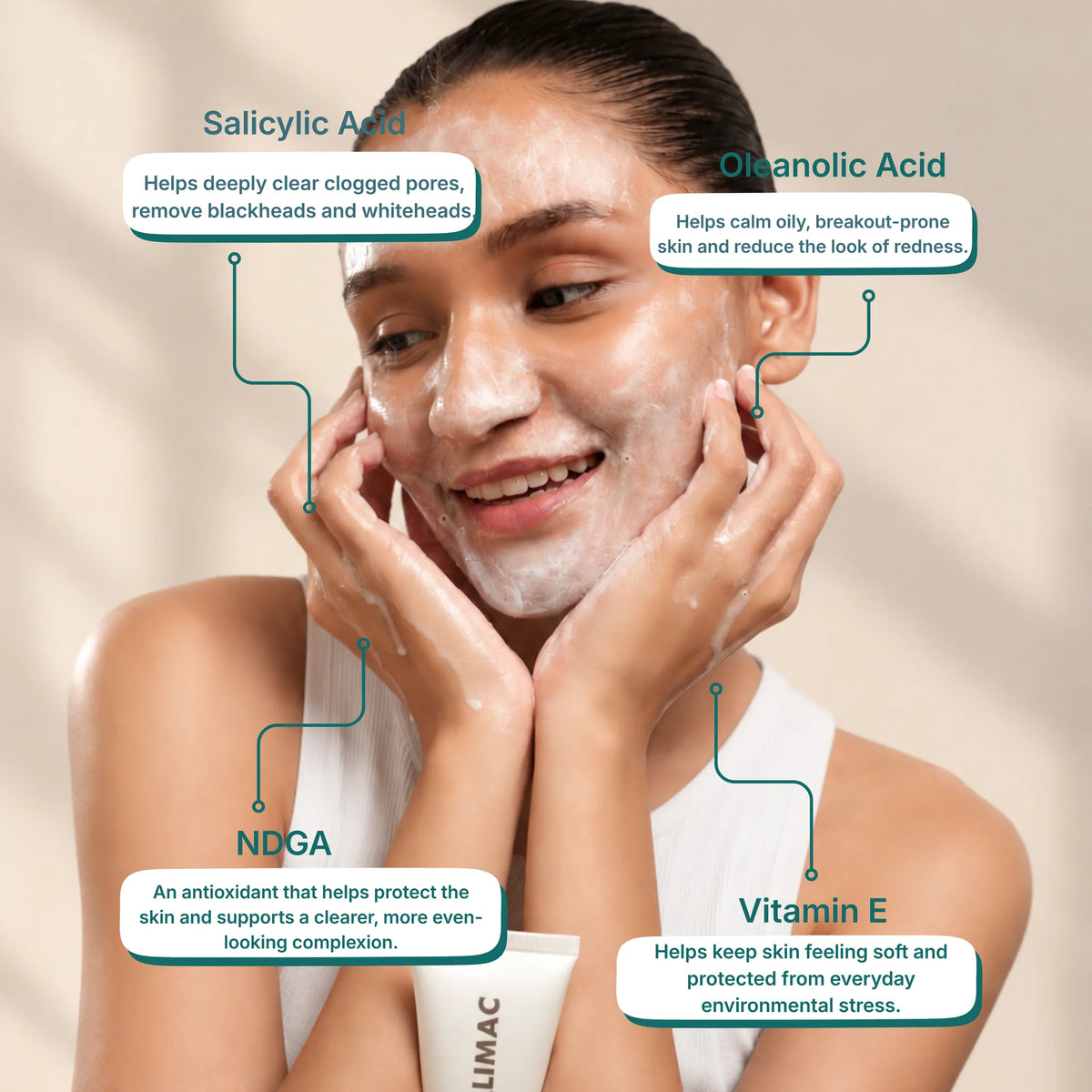 Model lathering SALIMAC Anti-Acne Gel Cleanser with callouts for salicylic acid, oleanolic acid, NDGA and vitamin E