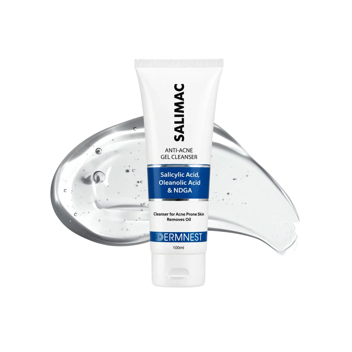 DermNest Salimac gel cleanser tube with clear gel swatch