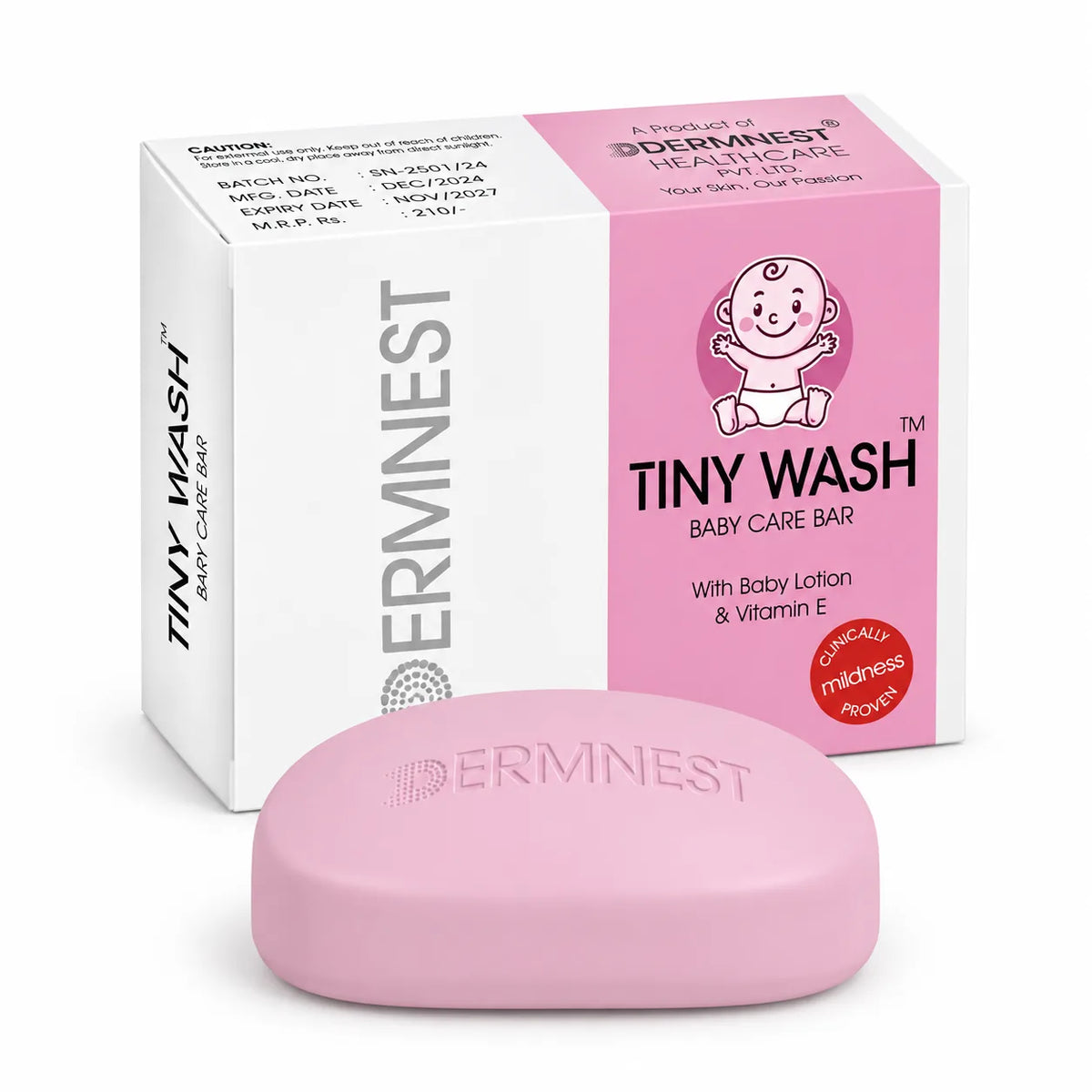 TINY WASH Baby Care Bar carton and pink soap by DERMNEST on white